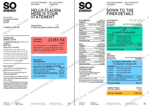 United Kingdom So Energy utility bill template in Word and PDF formats, 2 pages, version 2